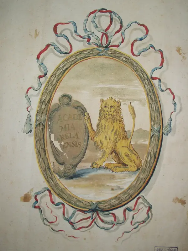 lion-symbole Le lion, symbole de la ville d'Arles, prenant l'Académie sous sa protection (Bibl. Mun. Arles, M-752)