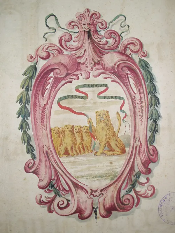 lionceaux Devise de l'Académie d'Arles : précédent les académiciens-lionceaux, le lion d'Arles tient dans sa dextre un phylactère portant l'inscription LAETABOR GENUISSE PARES (Je me réjouirai d'en avoir engendré de pareils) (Bibl. Mun. Arles, M-752)