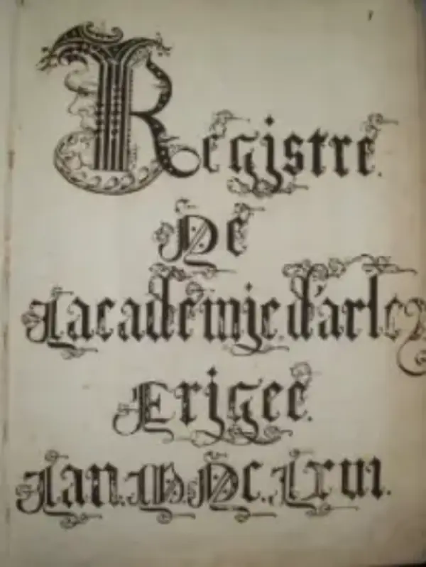 page-garde-registre Page de garde du registre de l'Académie d'Arles (Bibl. Mun. Arles, M-752)