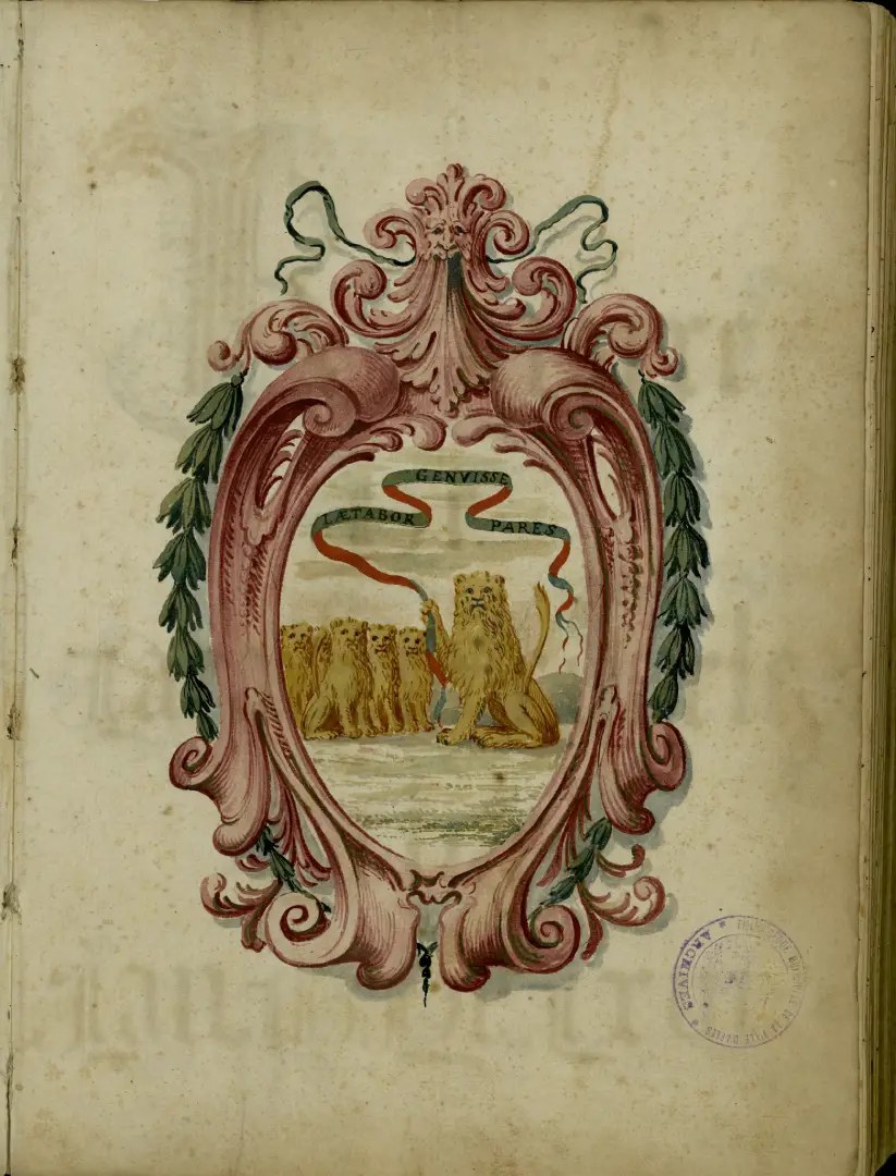 Le lion, symbole de la ville d'Arles, prenant l'Académie sous sa protection (Bibl. Mun. Arles, M-752)