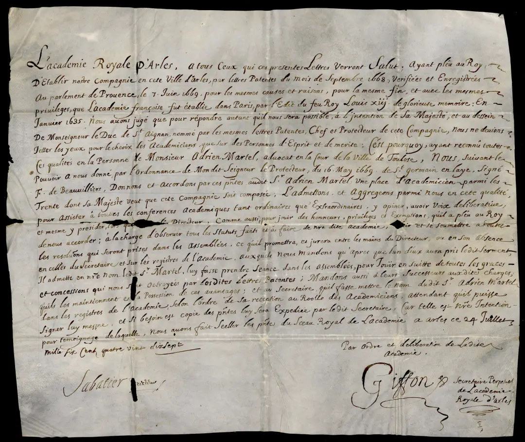 Lettre manuscrite de l'admission d'un membre à l'Académie d'Arles