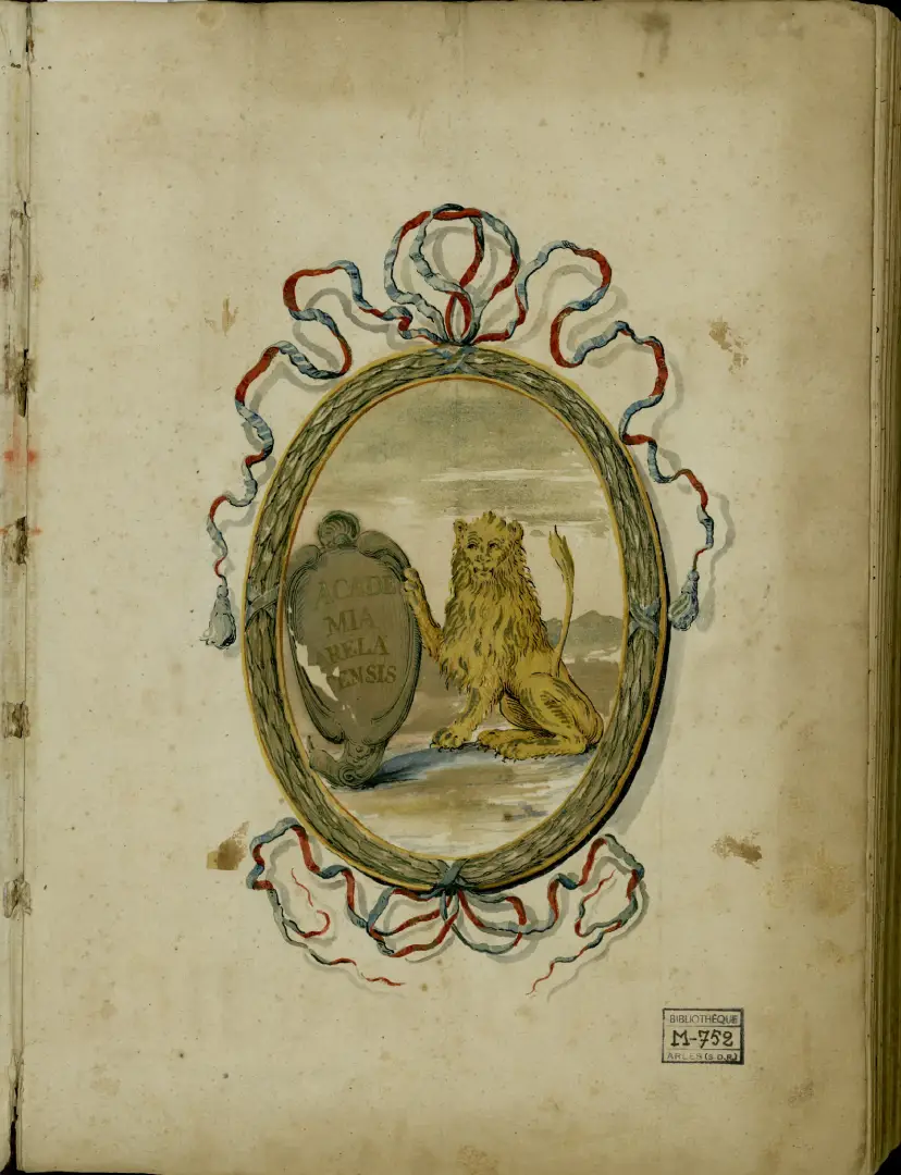 Le lion, symbole de la ville d'Arles, prenant l'Académie sous sa protection (Bibl. Mun. Arles, M-752)
