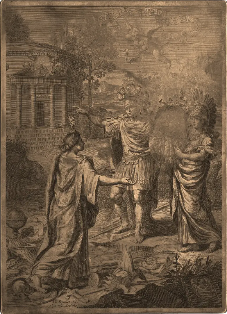 Mars et Minerve offrent le portrait du duc de Saint-Aignan à l'allégorie de l'Académie Gravure de Jean-Louis Roullet (1645-1699)